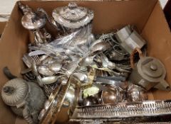 A box of assorted plated wares to include tureen, spirit kettle,