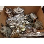 A box of assorted plated wares to include tureen, spirit kettle,