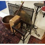 A collection of metal wares to include a copper copper, copper warming pan, pair of bellows,