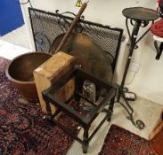 A collection of metal wares to include a copper copper, copper warming pan, pair of bellows,