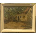 20TH CENTURY ENGLISH SCHOOL "Rural Scene of Woman Outside Cottage" oil on canvas,