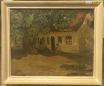 20TH CENTURY ENGLISH SCHOOL "Rural Scene of Woman Outside Cottage" oil on canvas,