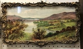 A framed painted ceramic tile of a lands