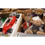 A box containing various teddy bears including a vintage gold plush bear with sailor's top,
