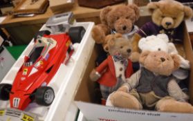 A box containing various teddy bears including a vintage gold plush bear with sailor's top,