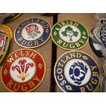A collection of four various national rugby painted metal signs including "England Rugby",