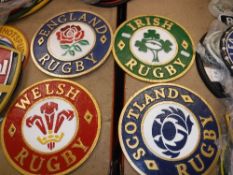 A collection of four various national rugby painted metal signs including "England Rugby",