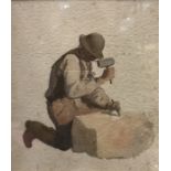 JOSEPH POWELL (1780-1834) "The Stonemason" watercolour unsigned inscribed on Abbott & Holder label