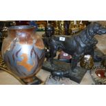 A lead and burr wood vase decorated with Ferrari rearing stallion amongst flames,