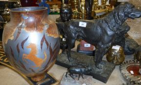 A lead and burr wood vase decorated with Ferrari rearing stallion amongst flames,