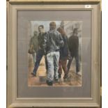 KEVIN WINSTANLEY (20TH CENTURY) "Cosmopolitan" street scene with figures, acrylic on board,