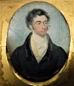 J B "Gentleman in White Stock and Blue Overcoat with Black Velvet Lapels", miniature portrait study,