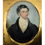 J B "Gentleman in White Stock and Blue Overcoat with Black Velvet Lapels", miniature portrait study,