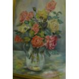 VIOLET HARRISON "Still Life of Roses in Glass Jug", oil on board, signed lower right,
