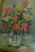 VIOLET HARRISON "Still Life of Roses in Glass Jug", oil on board, signed lower right,