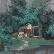 CHER YUAN (Chinese 20th Century) "House in the Woods" ink and gouache red seal mark lower right