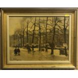HERMAN VAN DER HOEVEN "Street Scene with Trees and Figures" oil on board, signed lower left,