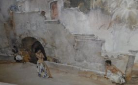 AFTER SIR WILLIAM RUSSELL FLINT "Models in a Courtyard with Maid Looking On" colour print limited