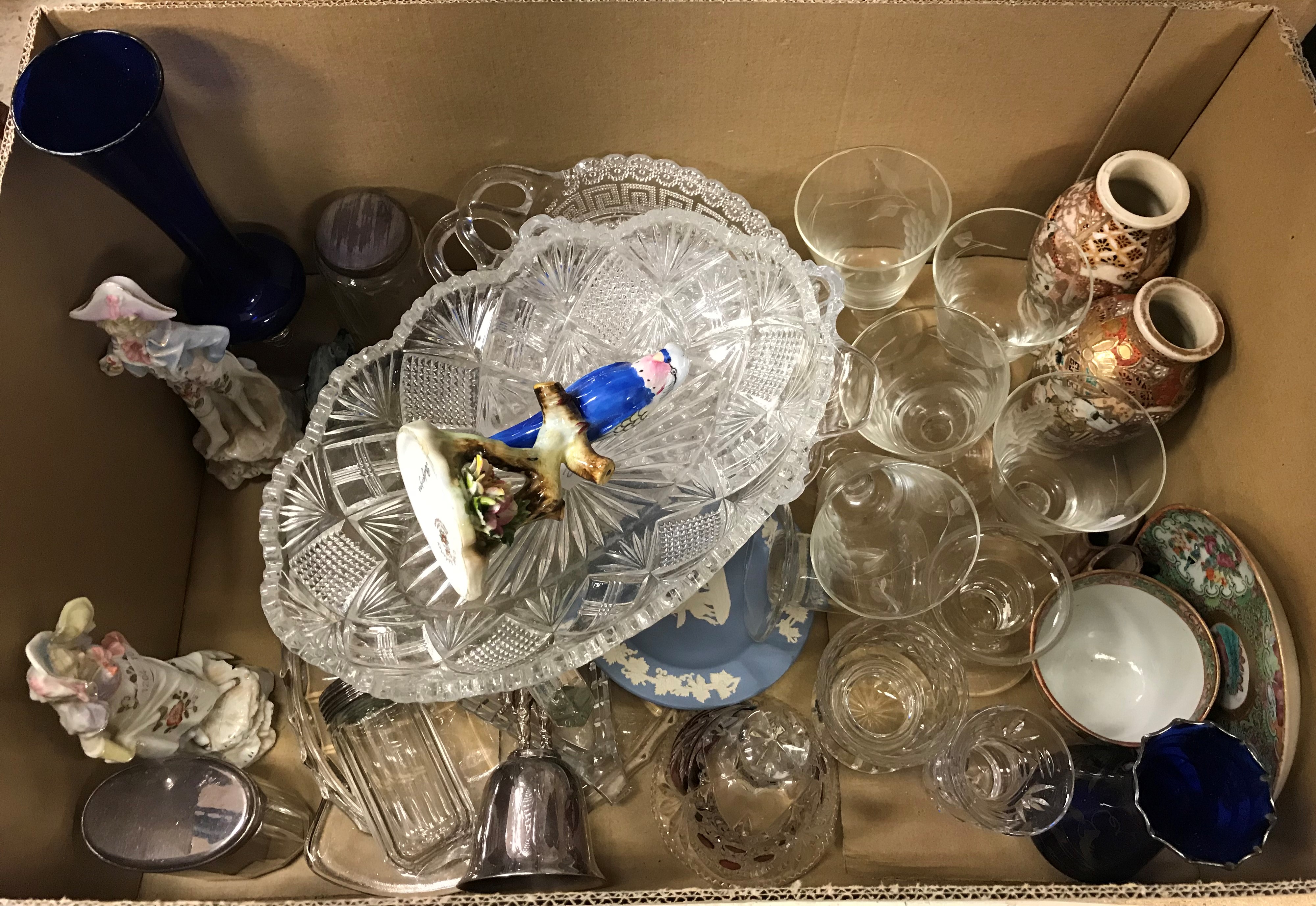 Three boxes of assorted decorative china and glassware to include Royal Adderley figure of a