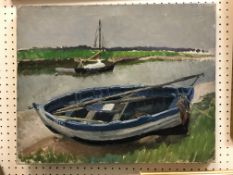 HENRY (AKA HARRY) CLARENCE WHAITE (1895-1978) "Blue Boat Southwold" a study of moored boats on an