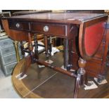 A modern mahogany drop leaf sofa table, circular oak occasional table on barley twist supports,