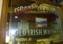 A reproduction advertising mirror for O'Connell & Flynn Old Irish Whisky