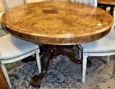 A Victorian burr walnut oval loo table on carved quadruped base together with a set of eight spoon