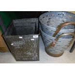 Two pierced galvanised tapered buckets (poss oysters or olives) and a graduated set of three