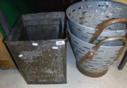 Two pierced galvanised tapered buckets (poss oysters or olives) and a graduated set of three