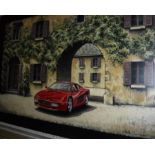 TONY UPSON "Ferrari Testarossa in front of Villa Entrance", acrylic on panel,