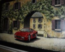 TONY UPSON "Ferrari Testarossa in front of Villa Entrance", acrylic on panel,