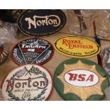 A collection of five reproduction "vintage" British motorcycle signs in painted metal including