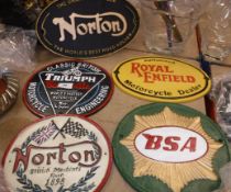 A collection of five reproduction "vintage" British motorcycle signs in painted metal including