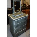A 20th century green and cream painted chest of four drawers and matching dressing mirror and