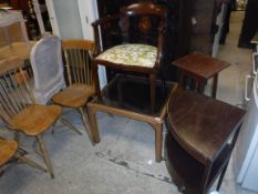 A 19th Century corner wash stand, an Ewardian mahongany and inlaid salon chair, a plant stand,