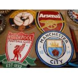 A collection of four painted metal football club signs including Liverpool, Tottenham Hotspur,