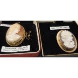Two 9 carat gold mounted cameo brooches, both depicting young women in the Classical manner,