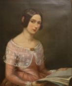 19TH CENTURY ENGLISH SCHOOL "Portrait of a Young Lady in Pink Dress", oil on canvas, unsigned,