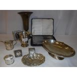 A collection of silver and plated wares to include a silver oval pedestal dish,