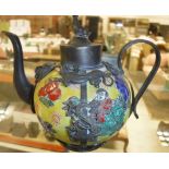 A 19th Century style Chinese miniature teapot with bronze relief embellishments depicting various