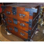 A modern Indian hard wood and iron bound chest of three drawers and a modern Chinese cherry wood