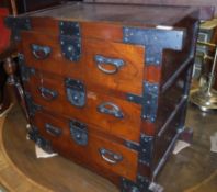 A modern Indian hard wood and iron bound chest of three drawers and a modern Chinese cherry wood