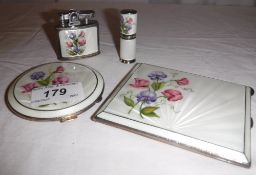 A mid 20th Century silver guilloche enamel compact set comprising cigarette case, circular compact,