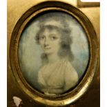 EARLY 19TH CENTURY SCHOOL "Young Lady with White Dress and White Hairband", miniature oil on ivory,