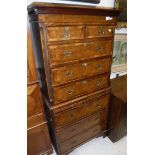 A modern burr walnut and cross-banded chest on chest,