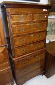 A modern burr walnut and cross-banded chest on chest,