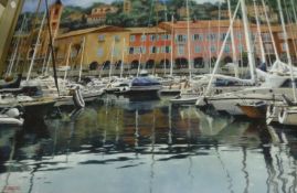 F CHANTRELLE "Continental Scene of Boats Moored in Harbour, a Town in the Background",