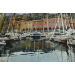 F CHANTRELLE "Continental Scene of Boats Moored in Harbour, a Town in the Background",