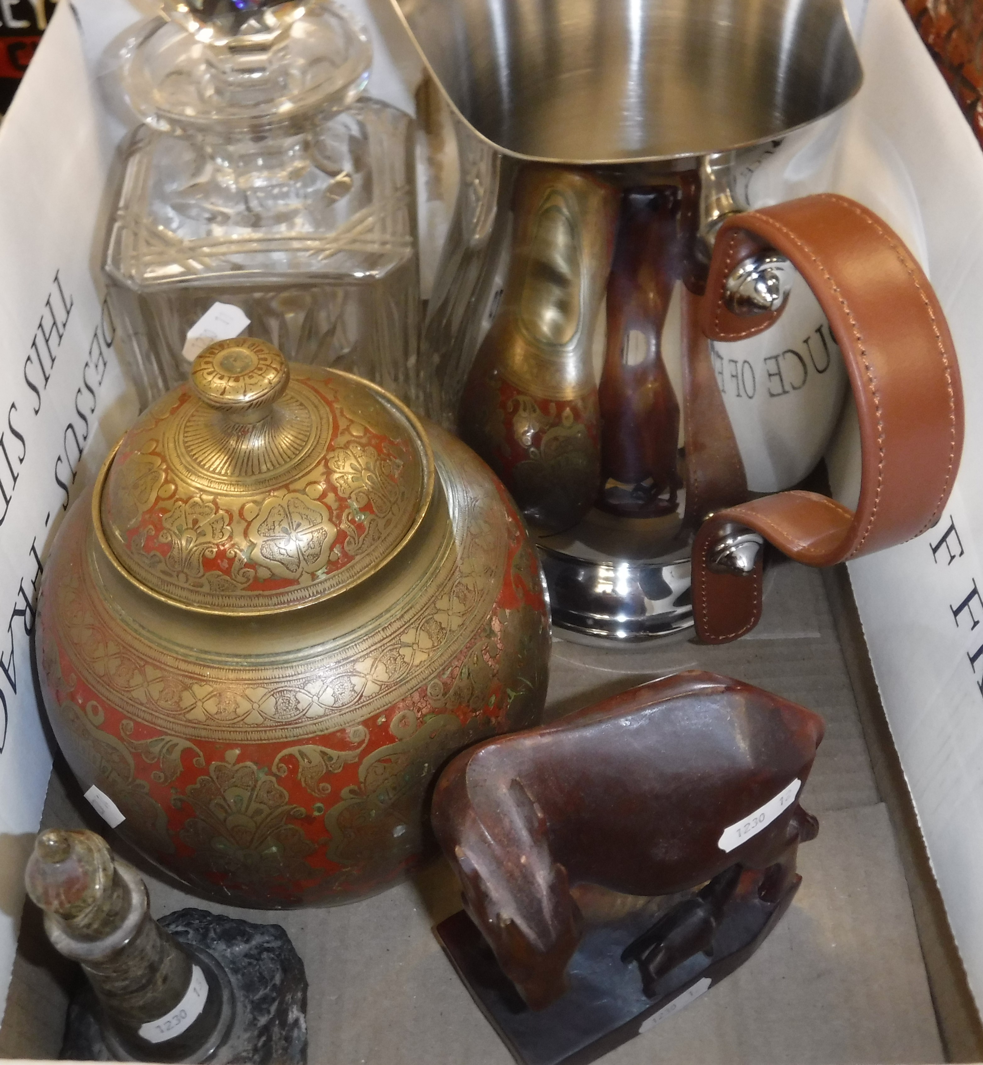 A box containing various decorative items including an Indian enamelled gilded bottle and matching - Image 2 of 3