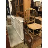 A modern pine and painted pine dresser, a folding metal framed chair, a gilt framed chair,
